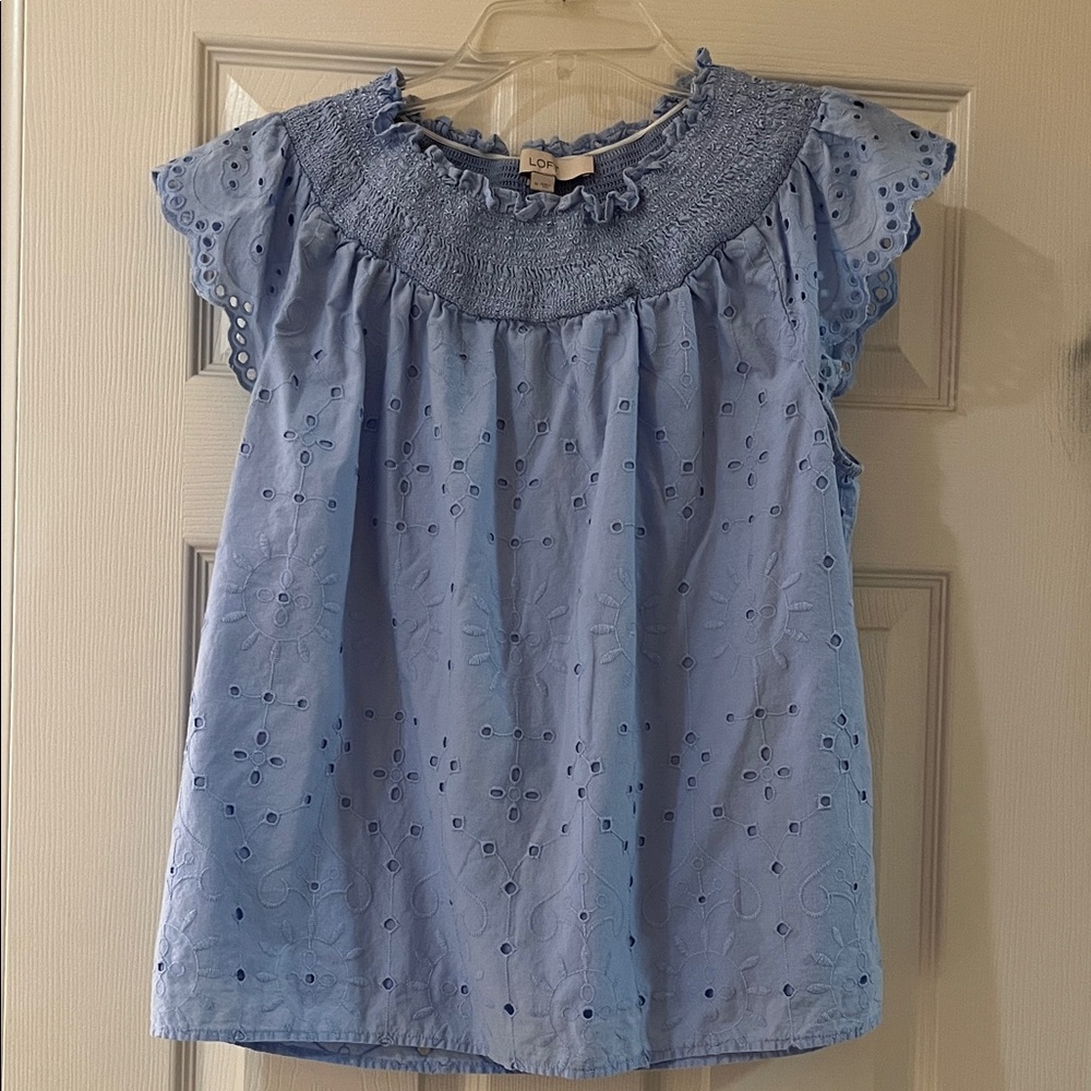 LOFT Blue Eyelet Blouse with cap Sleeves